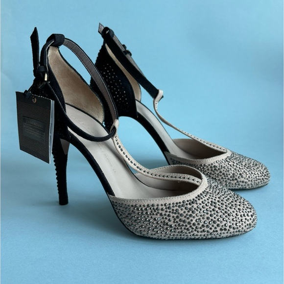 Rhinestone Studded T-strap Heels in Nude/Black/Pewter combination - Picture 6 of 7